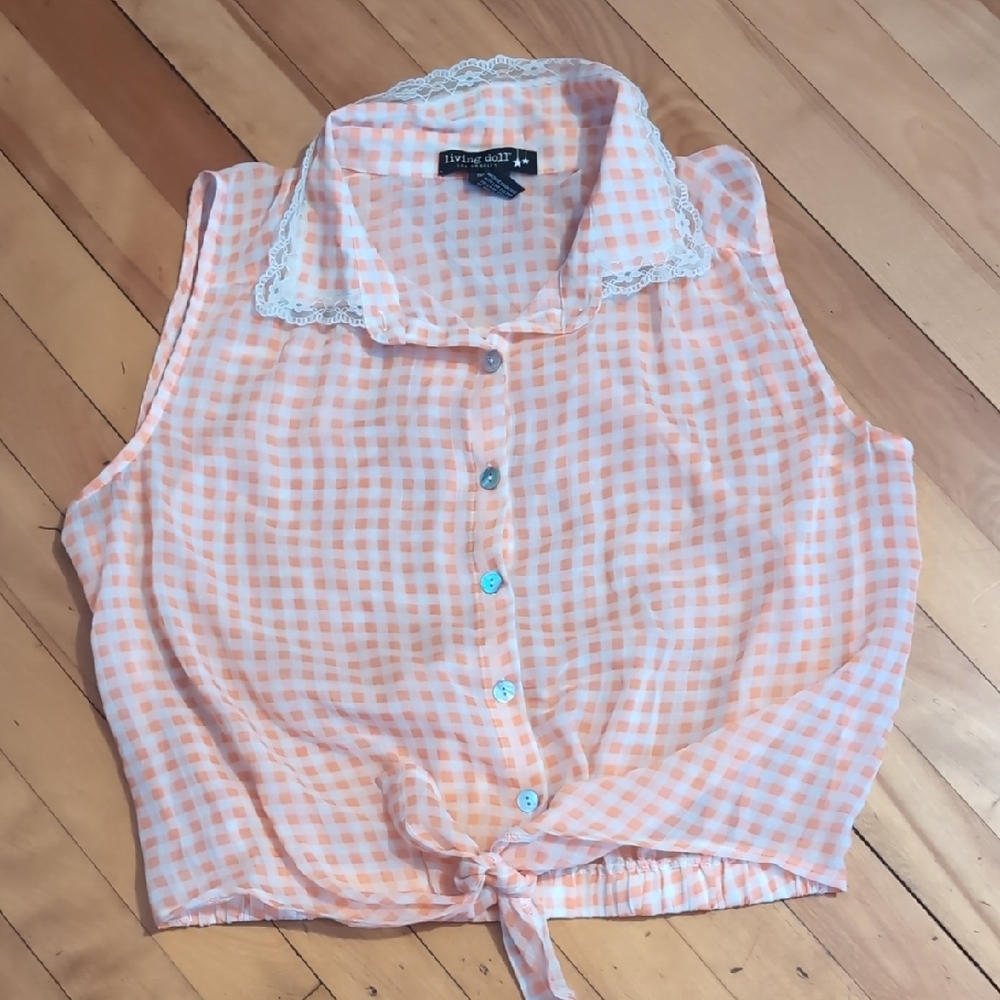 Living Doll Peach Gingham Sleeveless Shirt Sheer Lace Trim Tie Front Medium